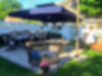 Blue umbrella covering a patio