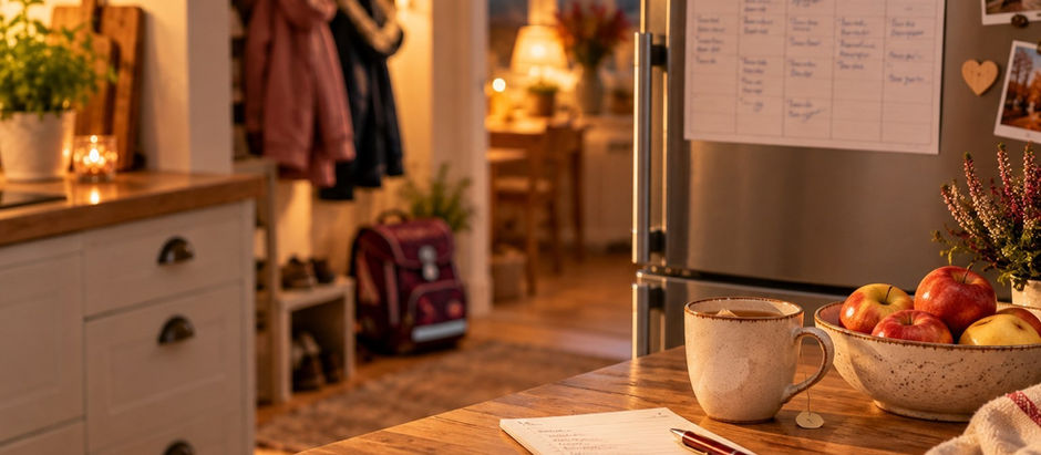 Küche am Abend mit einem Wochenplan am Kühlschrank, davor eine Tasse Tee, eine Schale Äpfel und ein Einkaufszettel mit Stift – Mental Load in den Wechseljahren.