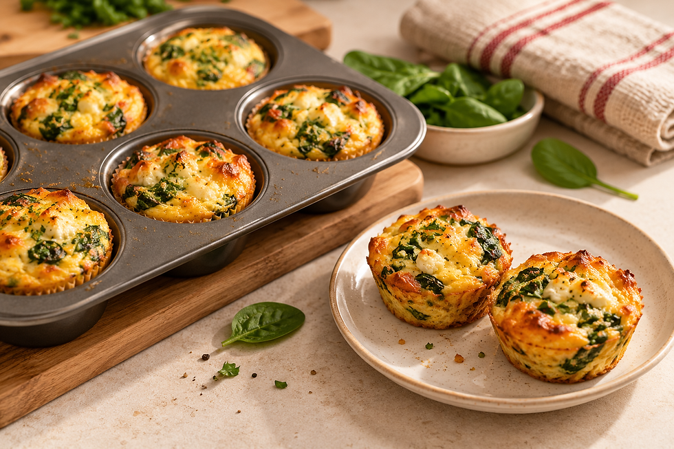Muffinblech mit goldbraun gebackenen Omelett-Muffins mit Spinat und Käse, daneben zwei Muffins auf einem Teller.