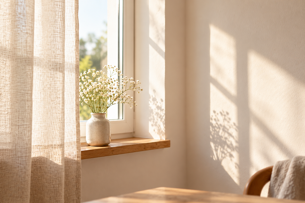 Helle Fensterbank mit Trockenblumen in einer Keramikvase, Vormittagslicht wirft Schatten an die Wand