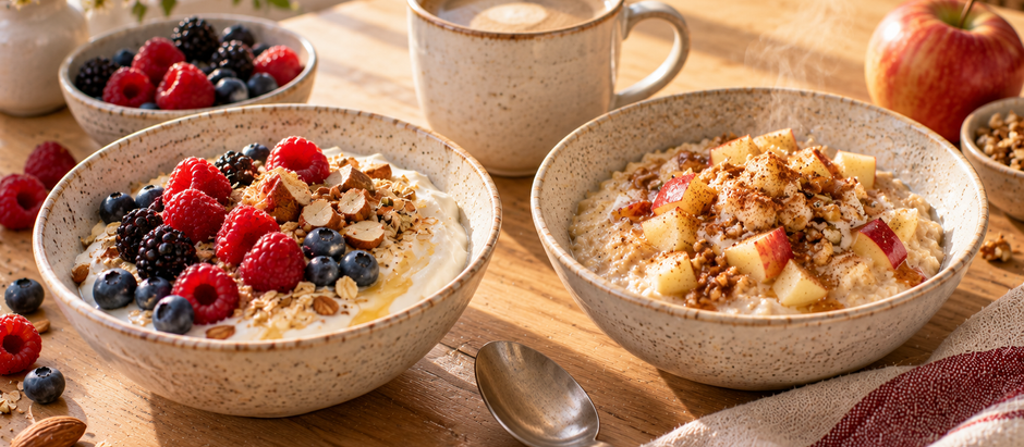 Zwei Frühstücks-Bowls auf einem Holztisch am Fenster: kalte Skyr-Bowl mit Beeren und warmes Porridge mit Apfel und Zimt