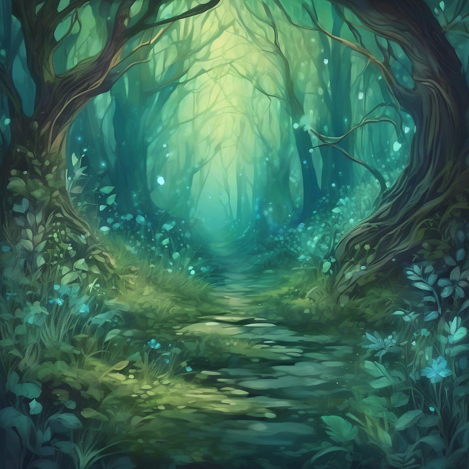 fantasy novel forest fairy tale background. dusty rich colors. greens, blues. hyper-realis