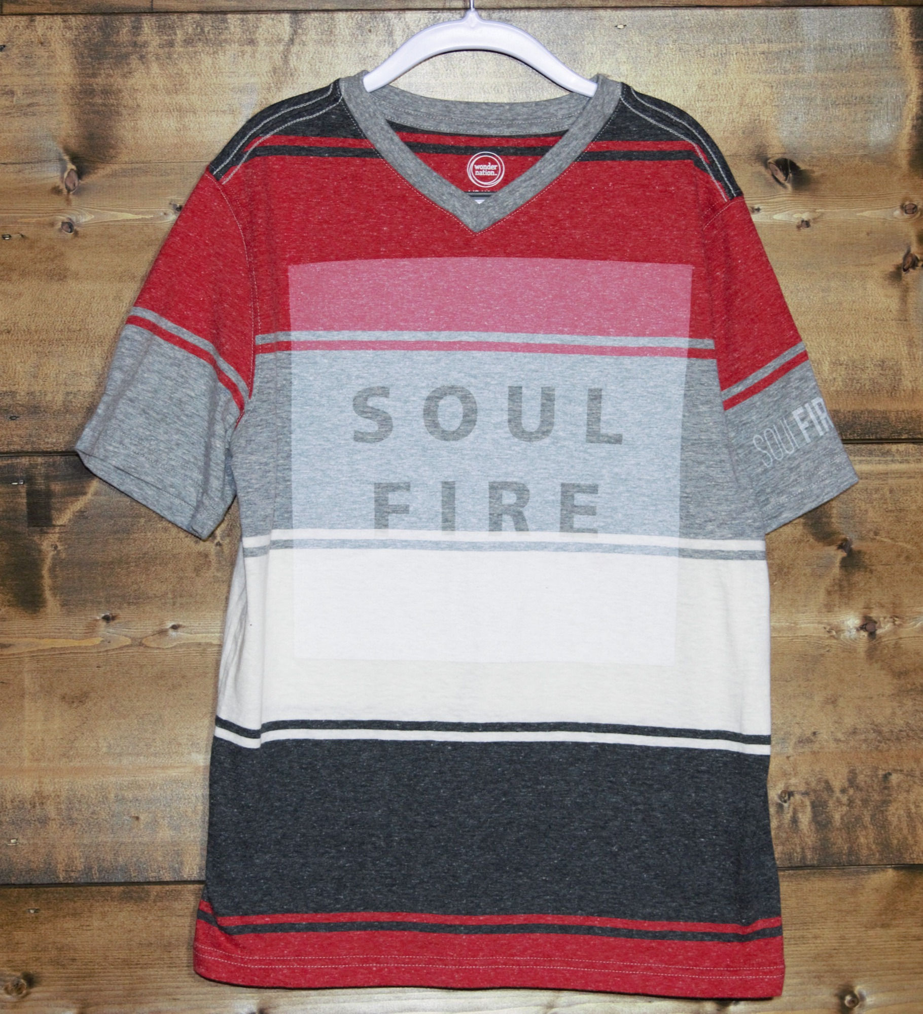 YOUTH Heathered Red, Gray, and White "Soulfire" V-neck t-shirt