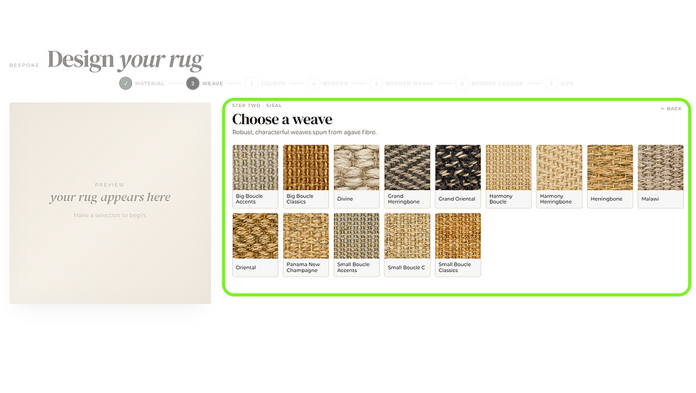 Rug design webpage showing step 2, Choose a weave, with woven swatches and a left preview panel saying your rug appears here.