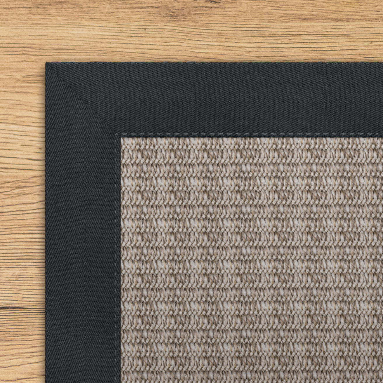 Augusta Polypropylene Rug with dark grey border on a wooden floor.