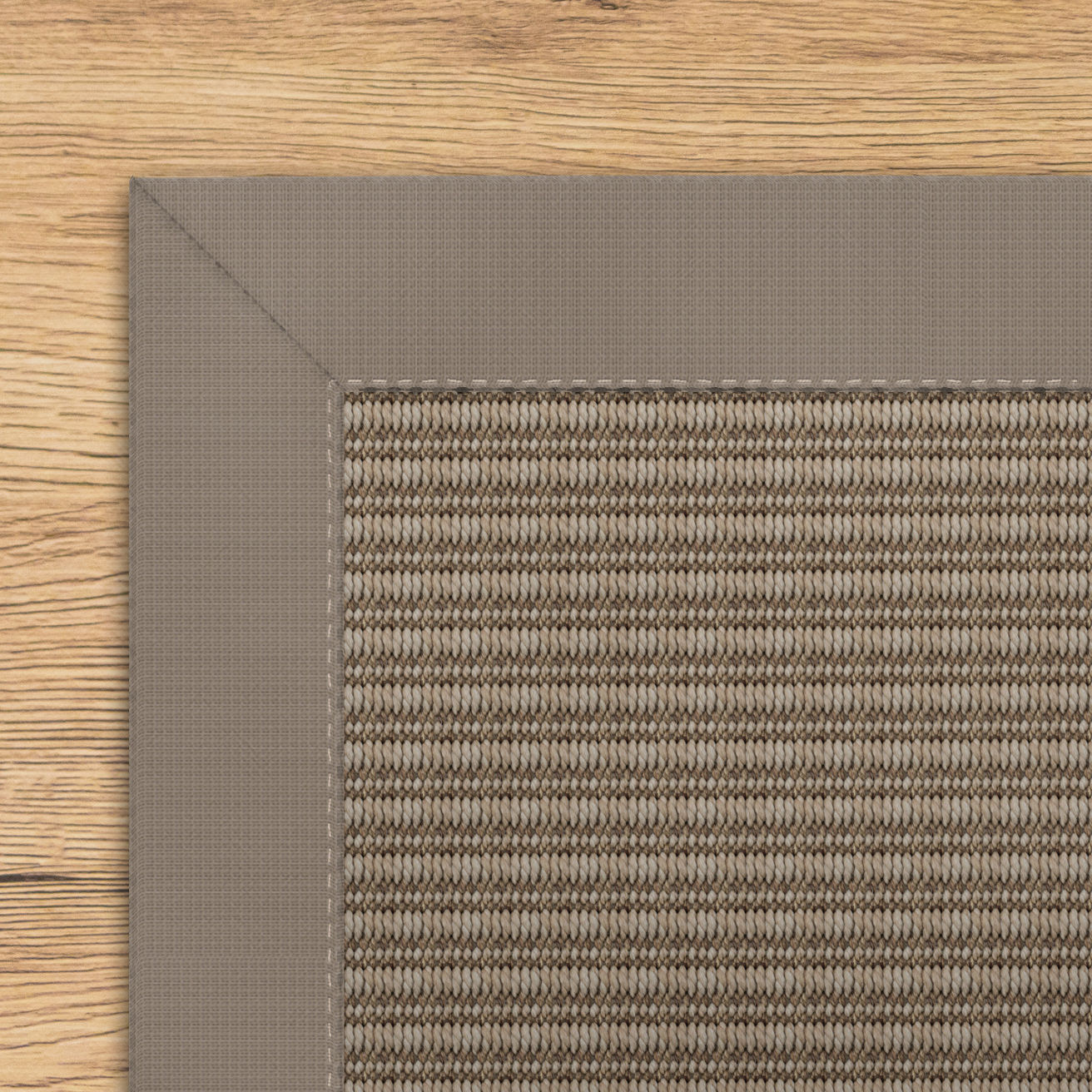 Newport polypropylene rug with a taupe border and woven texture on a wood floor.