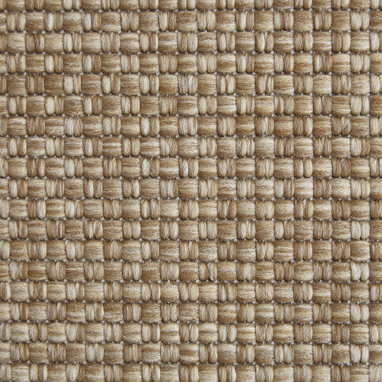 Close-up of a textured, woven fabric in a light brown and beige color.