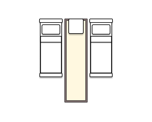 Two single beds as a diagram showing a runner rug between