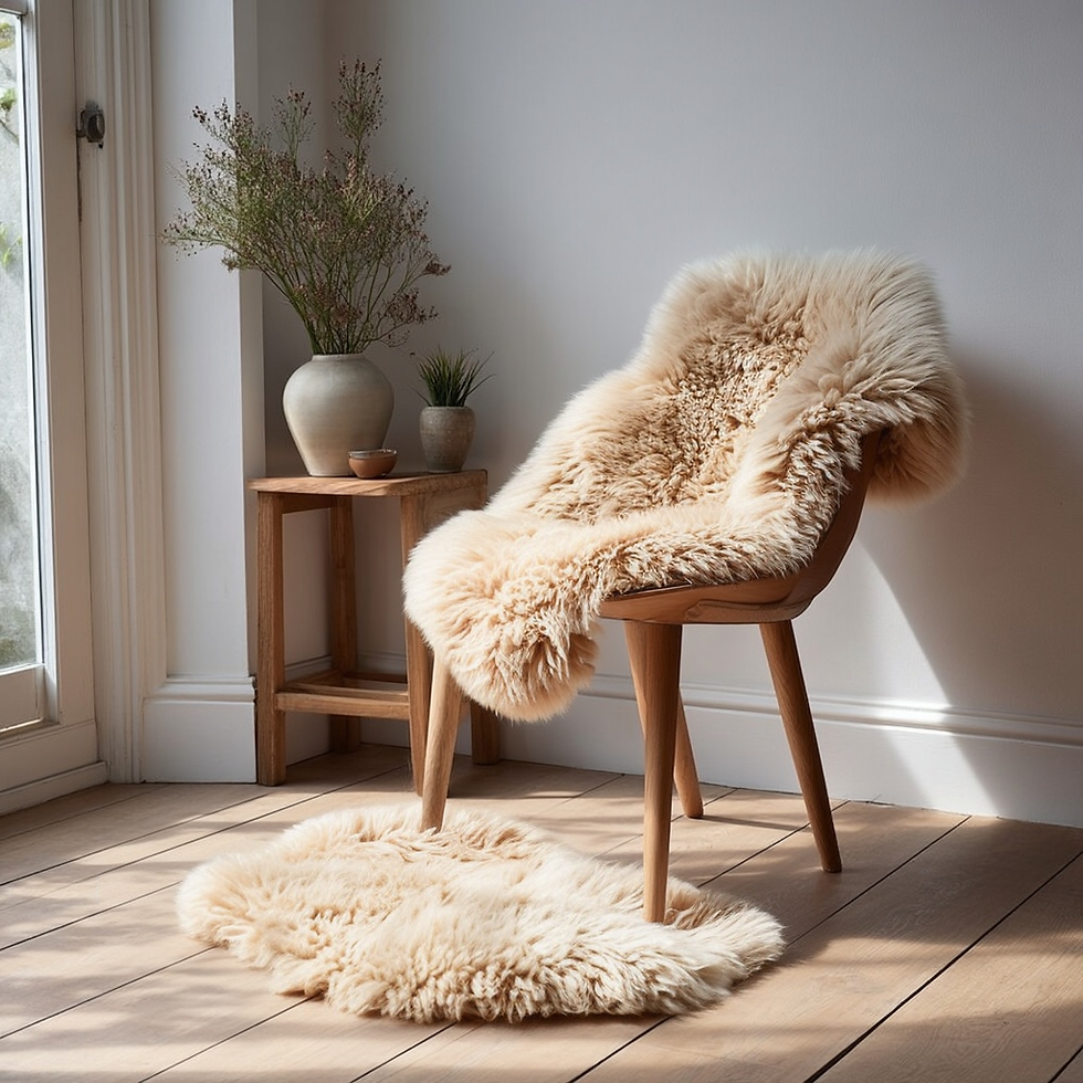Thumbnail: Caramel sheepskin rug draped over a chair and on the floor.