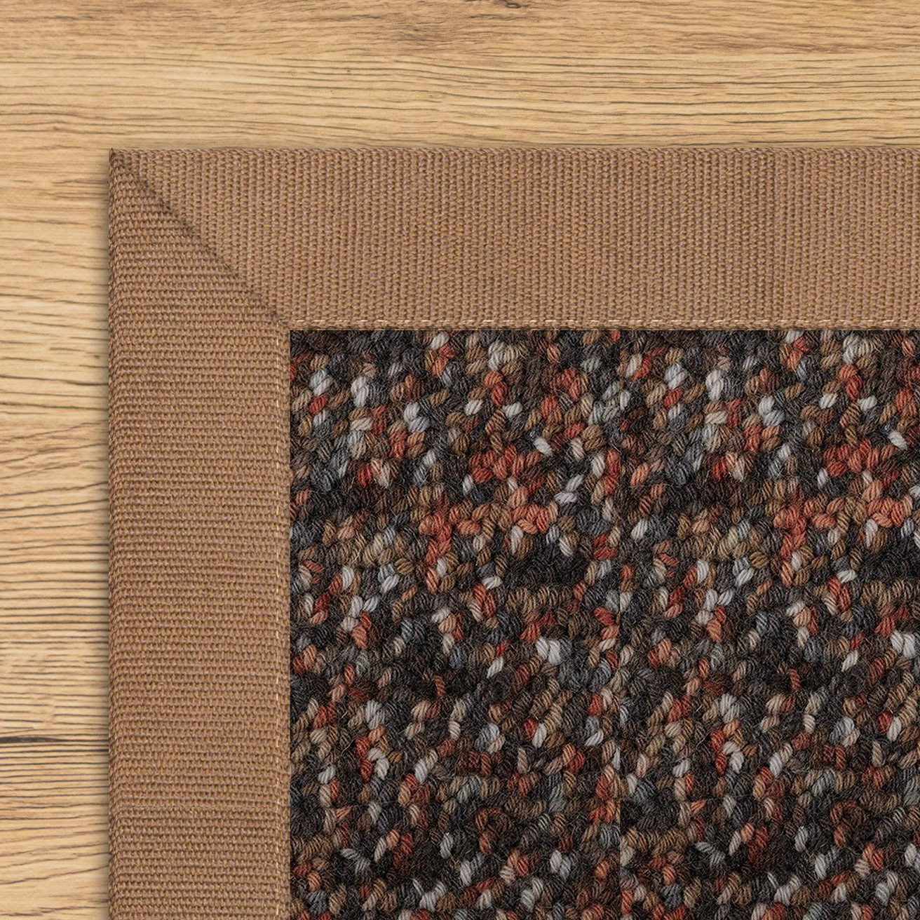 Wool collage stair runner with tan cotton border on wood floor.