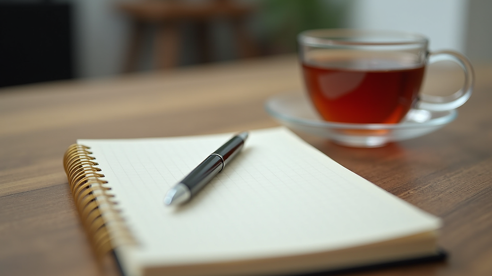 Close-up view of a notebook and pen on a wooden desk with a cup of herbal tea