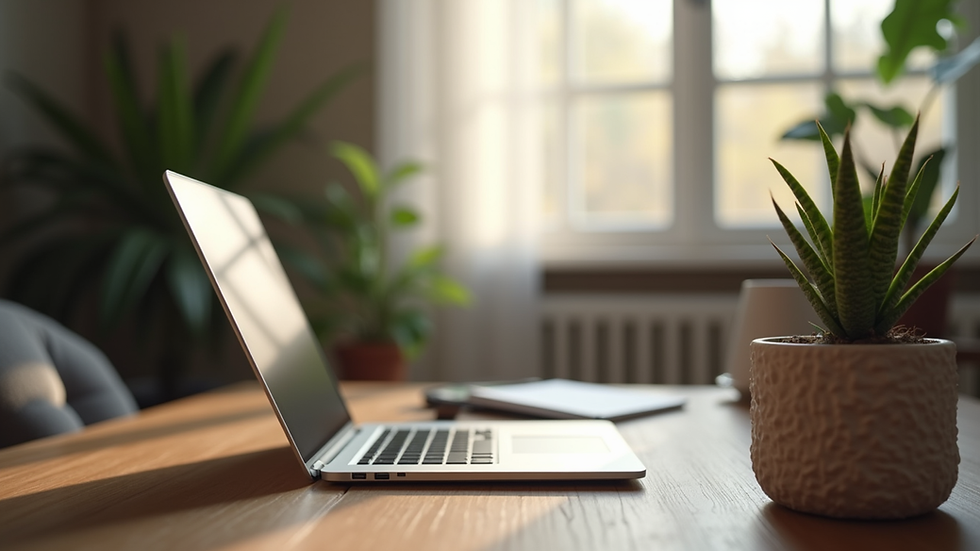 Eye-level view of a cozy home office with a laptop and a plant, where nutrition coaching is taking place