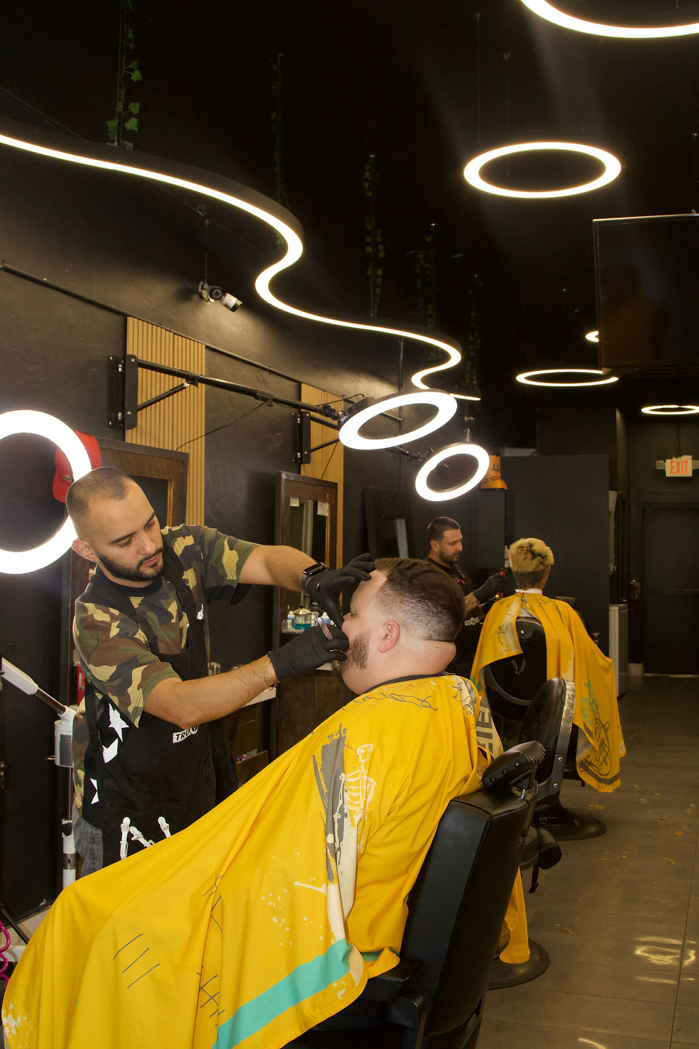 High angle view of a stylish barbershop interior with modern decor