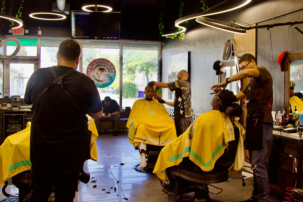 Eye-level view of a classic barbershop interior with vintage chairs