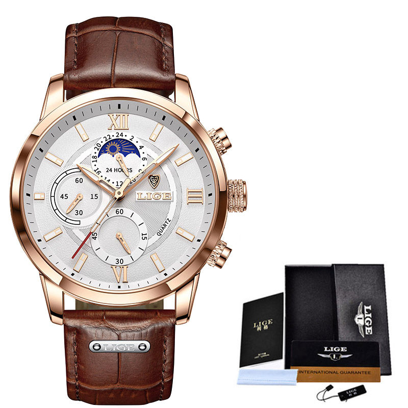 Thumbnail: LIGE Leather Chronograph Watch