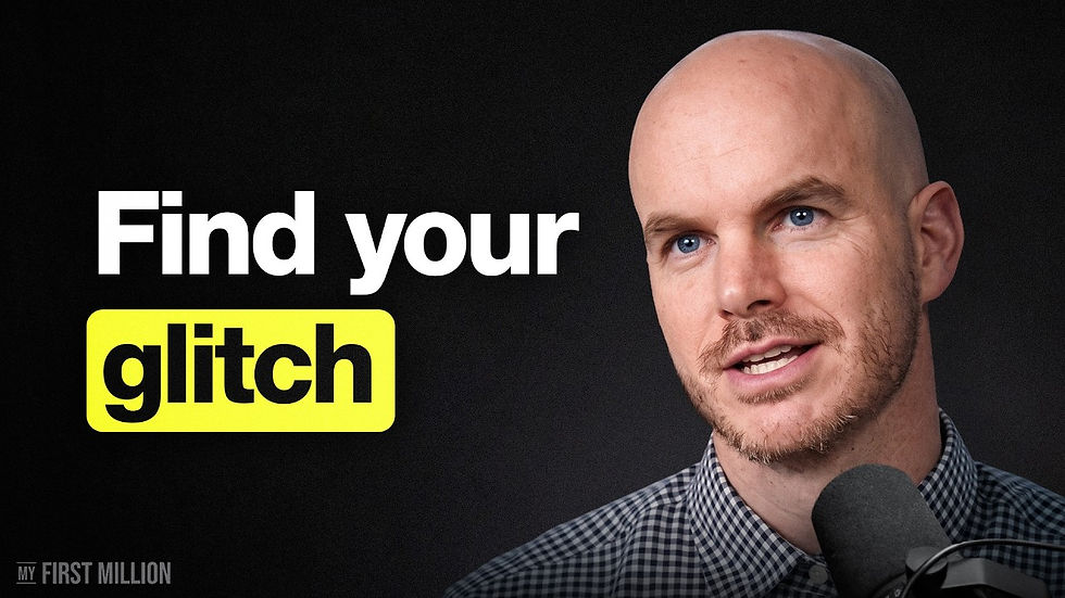 Podcast host beside text Find your glitch on dark background, speaking into a microphone.