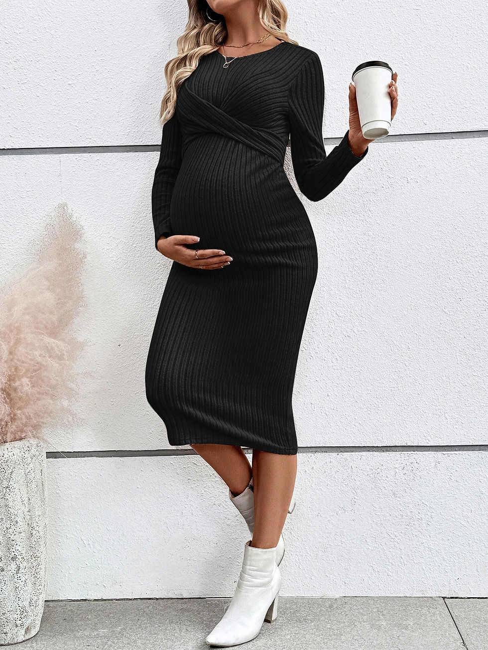 Miniatura: SHEIN Vestido de maternidad de cuello redondo, manga larga, de unicolor, acanal