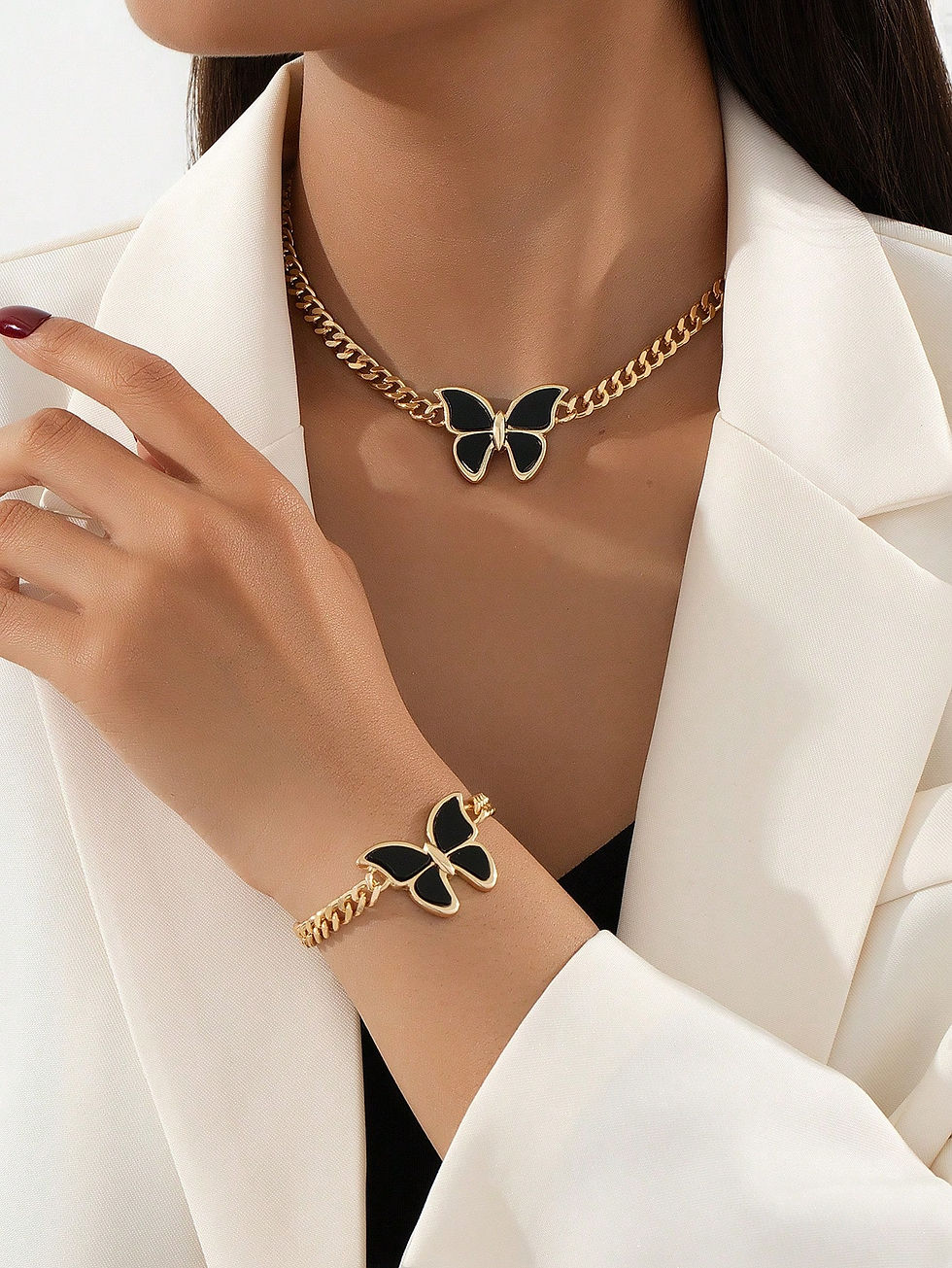 Miniatura: Conjunto de collar y brazalete con colgante de mariposa elegante 