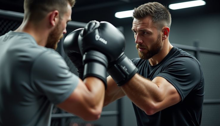 Eye-level view of a personal trainer holding focus pads during a combat training session