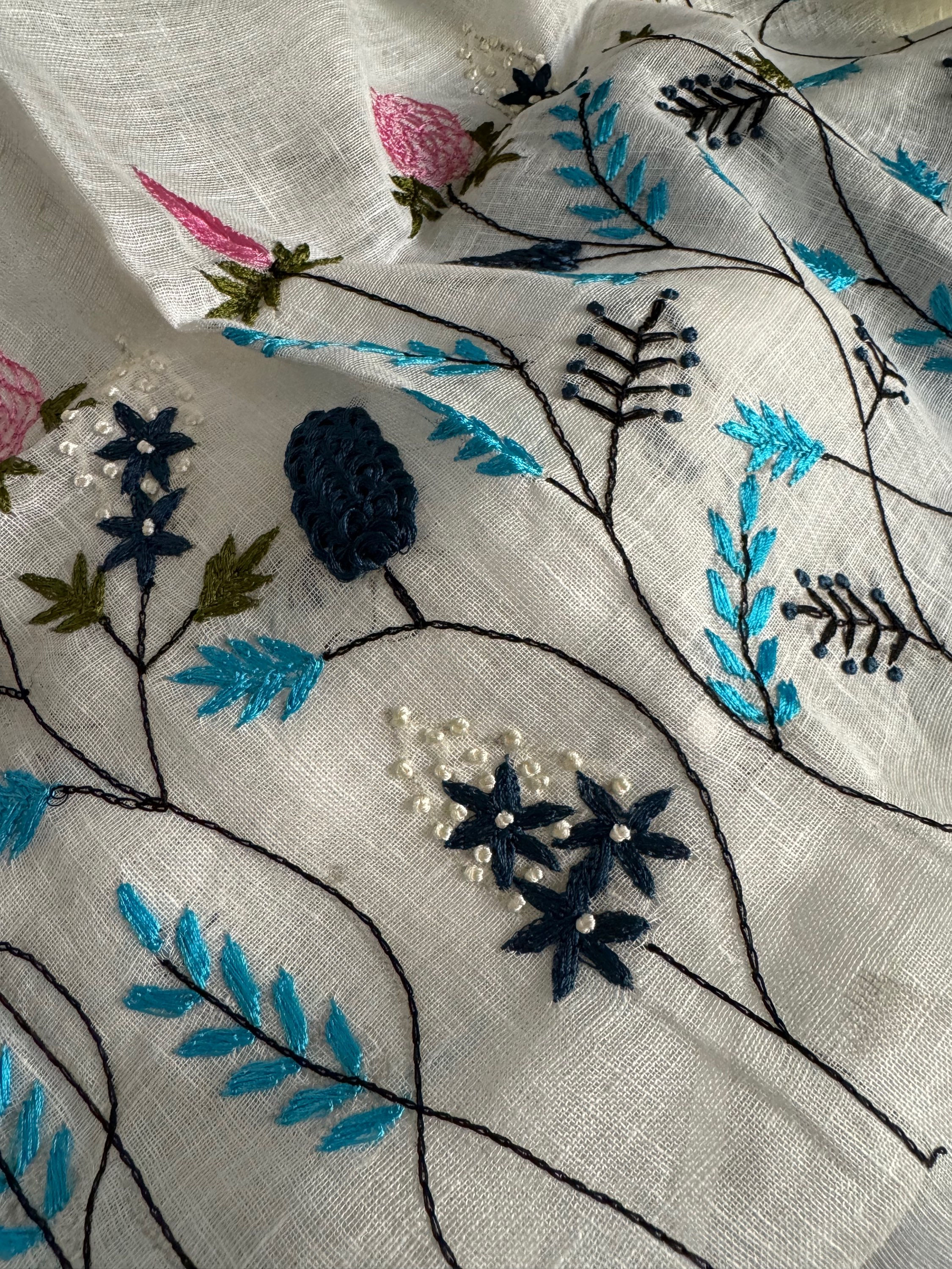 Hand embroidered linen saree in white - blue ombre’