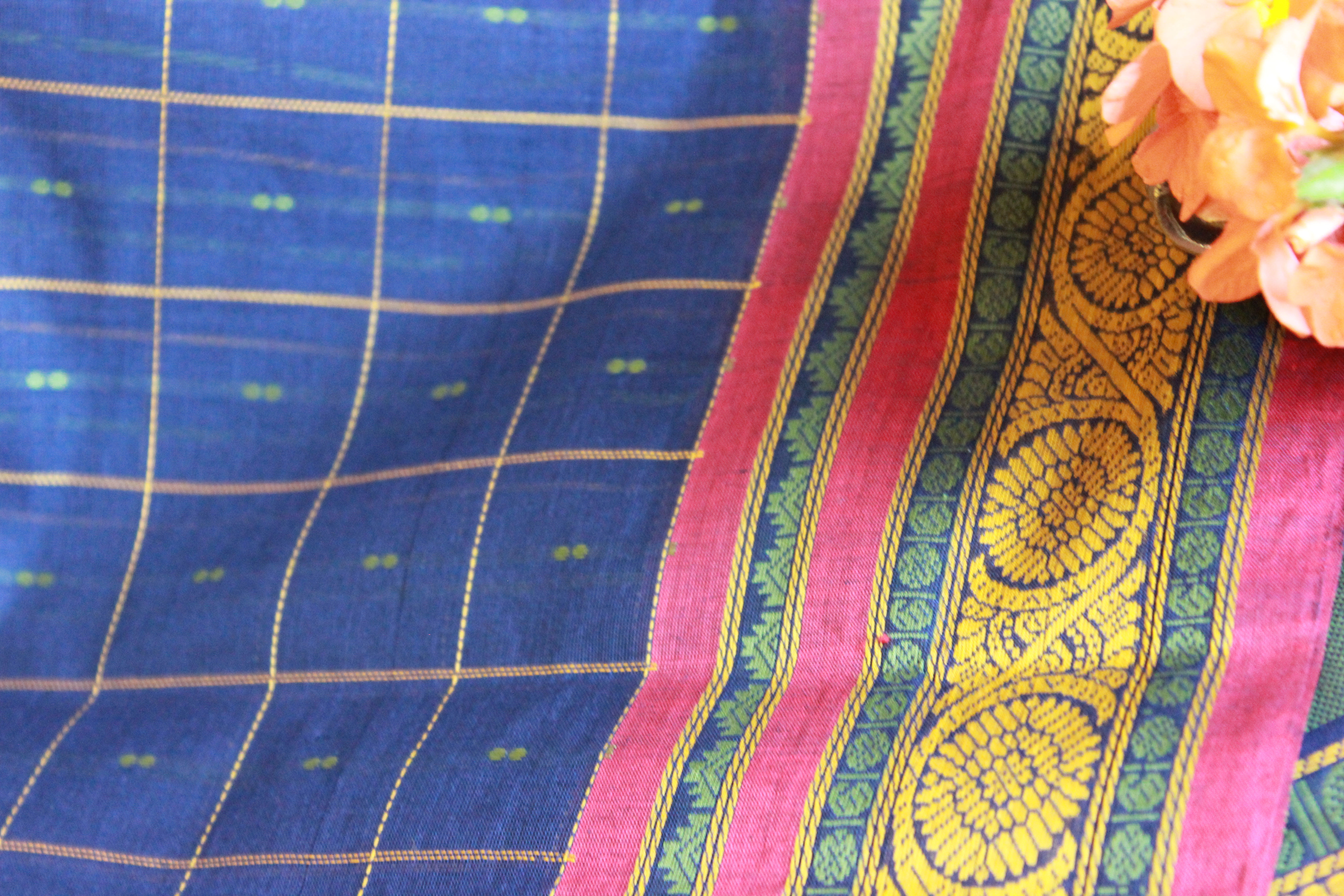 Navy blue Kanji handloom cotton saree with maroon-red border