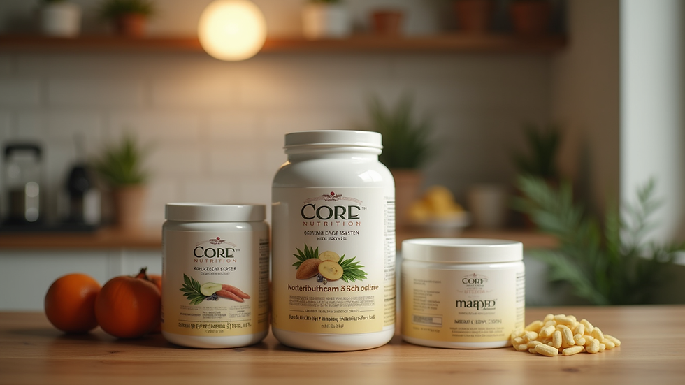 Eye-level view of a variety of Core Nutrition products on a wooden table