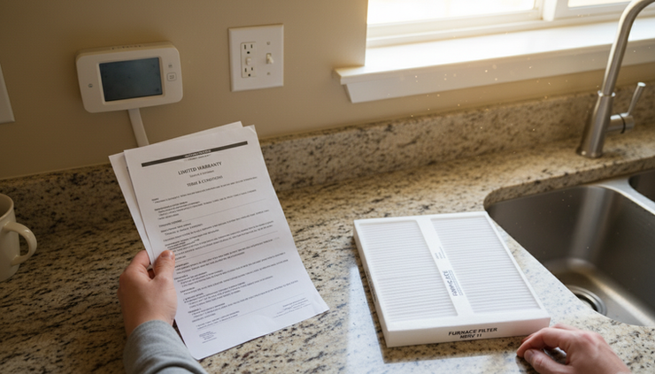 Overhead view of a homeowner reading HVAC warranty paperwork near a thermostat