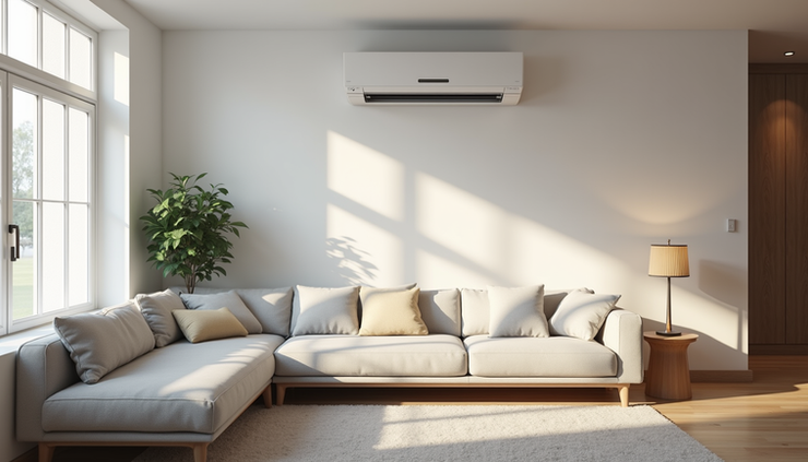 Eye-level view of a wall-mounted ductless minisplit unit in a modern living room