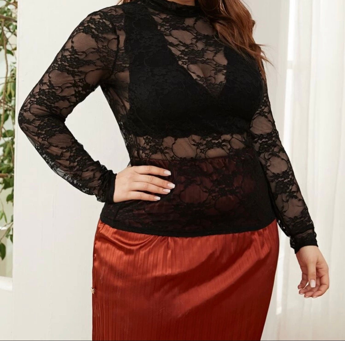 Plus Lace Mesh Long Sleeve Top 