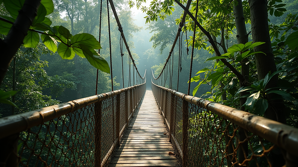 Wide angle view of a canopy walkway in Kakum National Park, Ghana