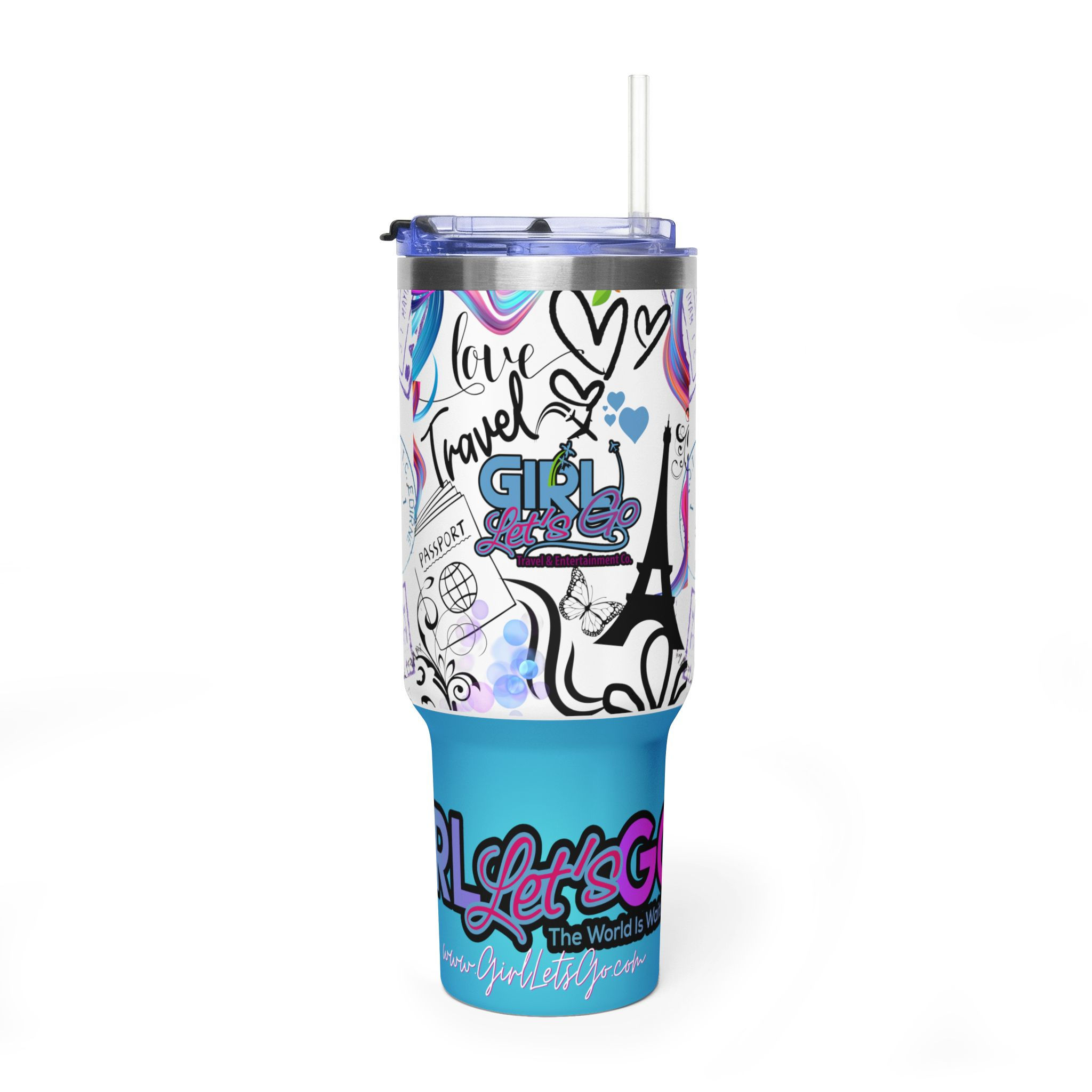Hello World. For the Love of Travel Tumbler with the Stamps - Blue