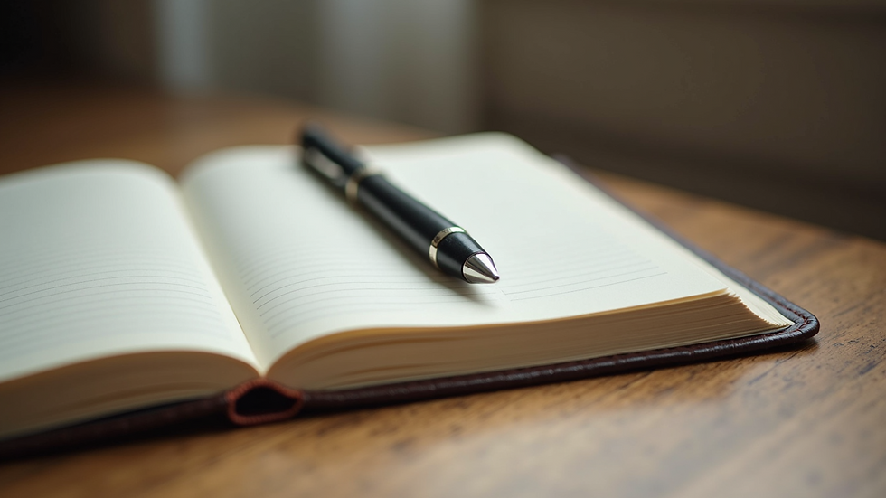 Close-up view of a journal and pen on a wooden table