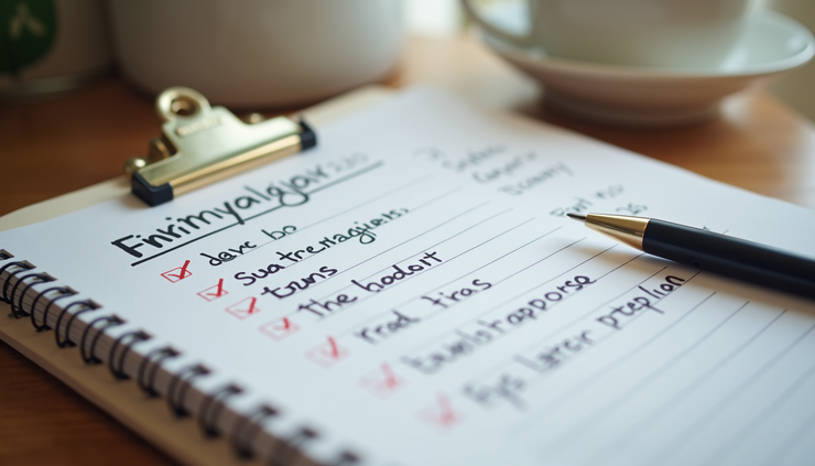 Eye-level view of a notebook with handwritten fibromyalgia symptom tracking and a pen on a wooden table