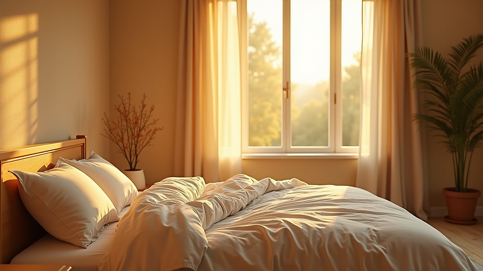 Eye-level view of a peaceful bedroom with soft lighting and a cozy bed