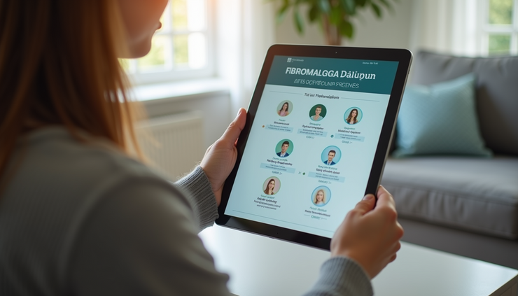 Eye-level view of a digital tablet displaying personalized health information for fibromyalgia patients