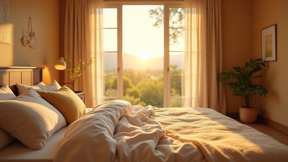 Eye-level view of a cozy bedroom with soft lighting and a comfortable bed