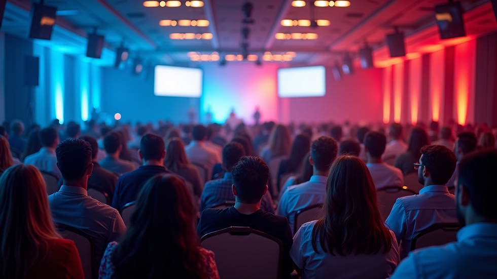 Wide angle view of a vibrant conference hall filled with attendees