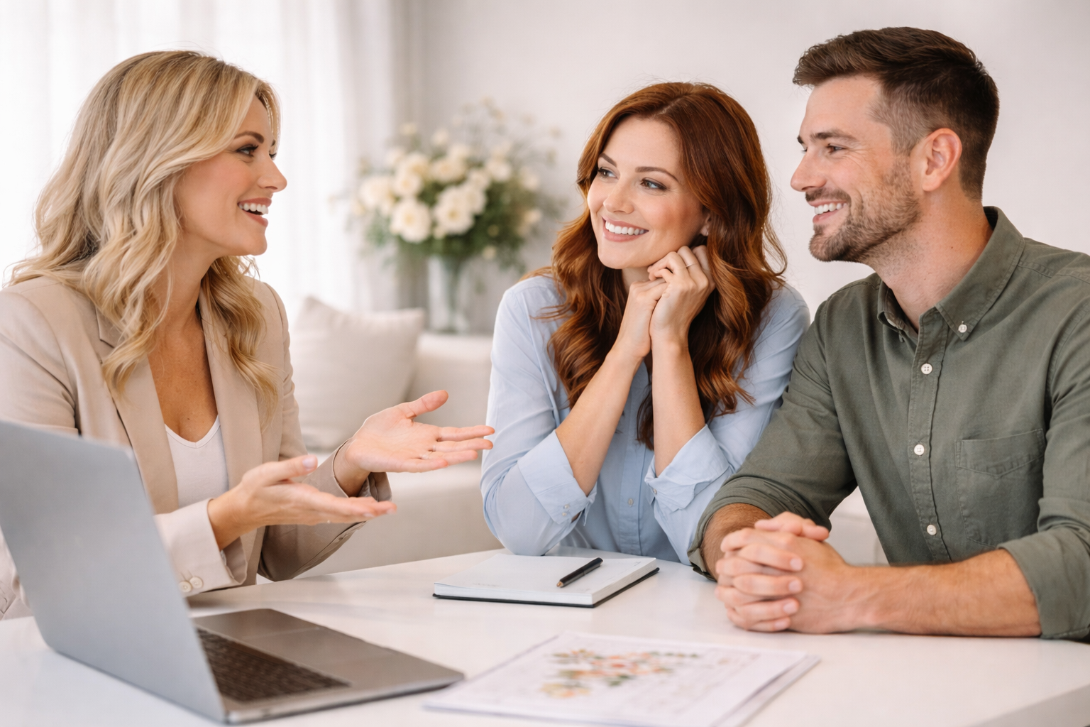 Wedding planners consulting with a bride and groom outdoors in the Colorado mountains, capturing joyful coordination and unlimited consultation support during a luxury wedding.