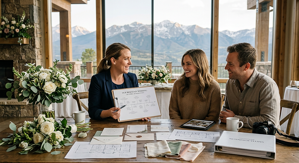 Colorado wedding planner meeting with an engaged couple to review wedding details, timeline, and venue plans.