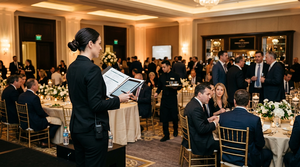 Corporate event planner coordinating an upscale business event with vendors, production, catering, and guests.