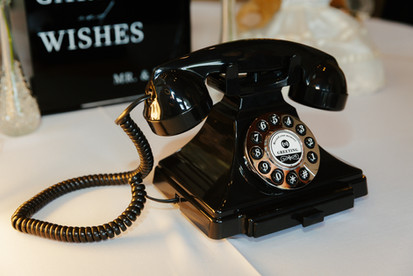 Vintage black audio guestbook telephone at The Oaks at Plum Creek wedding reception in Castle Rock, Colorado.