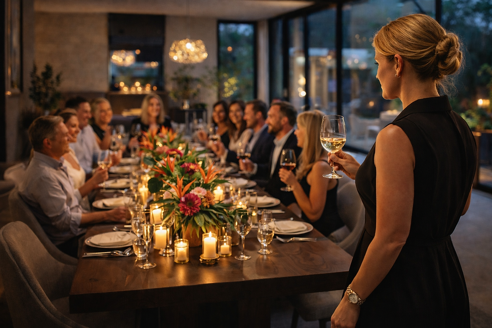 Special event planner coordinating a luxury private event with elegant table design and guest experience setup.