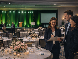 Corporate event planner coordinating logistics inside a conference venue while preparing for a professional business event.