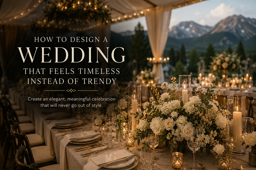 Elegant timeless Colorado wedding reception with candlelight, refined floral arrangements, layered neutral tablescape, and luxury wedding atmosphere.