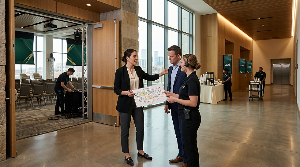 Corporate event planner evaluating a Denver venue with a client and venue representative for guest flow, production access, and event logistics.