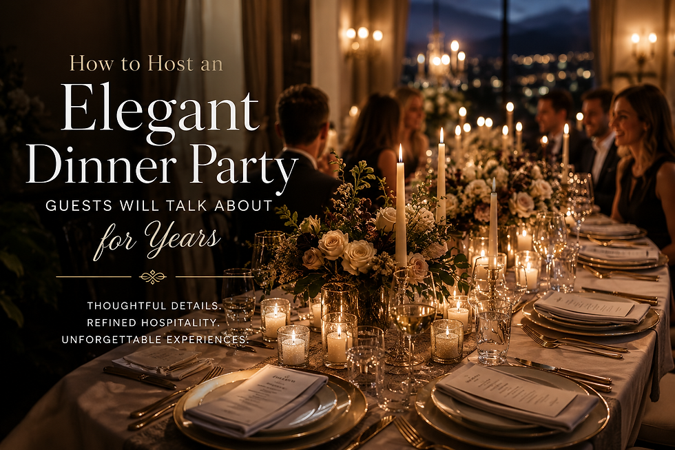 Elegant candlelit dinner party in Colorado with refined tablescape, luxury hospitality atmosphere, champagne, and sophisticated guest experience.