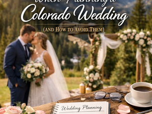 Bride and groom at a Colorado mountain wedding ceremony with planning checklist and wedding planning materials in the foreground.