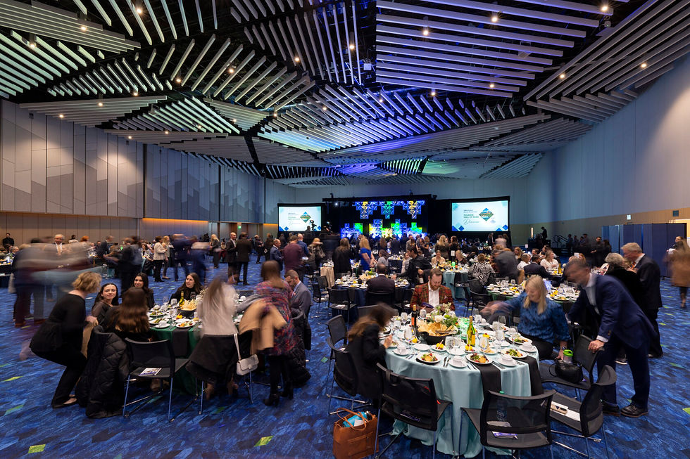 Bluebird Ballroom at the Colorado Convention Center set for a large corporate dinner and reception.