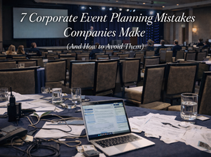 Corporate conference with mostly empty seats and event planning materials on a table illustrating common corporate event planning mistakes.