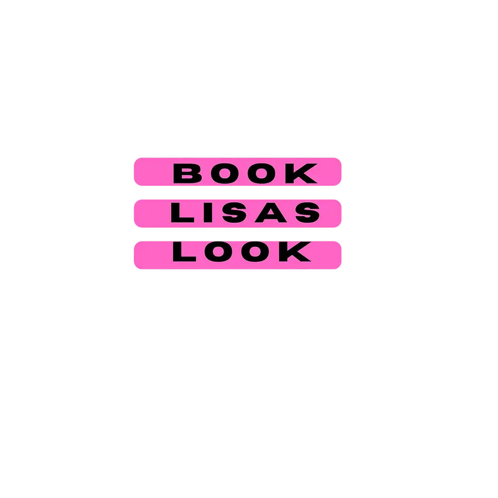 Graphic design digital logo featuring the text 'BOOK LISAS LOOK' in black font on three stacked pink rectangular blocks against a black background.